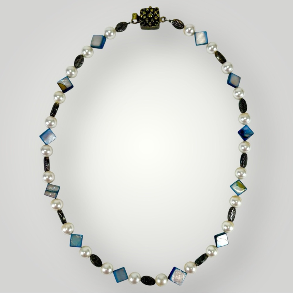 Handmade Blue Beaded Faux Pearl 19” Necklace With Box Clasp